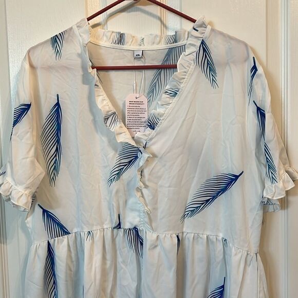 Blue & White Flowy Dress FEATHERS Ruffle Womens XXL New - Picture 9 of 10